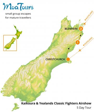 Kaikoura & Yealands Classic Fighters Airshow Tour Map - MoaTours