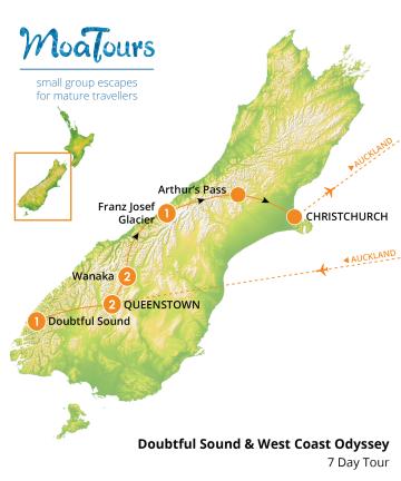 Map showing the Doubtful Sound & West Coast Odyssey tour route