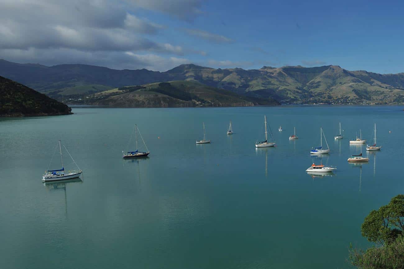 Hilltop view of sailboats in Akaroa Harbourts