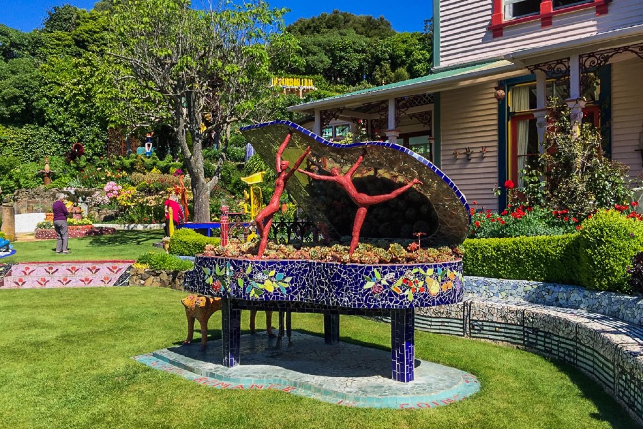 The spectacular Mosaic Piano at the Giant's House in Akaroa