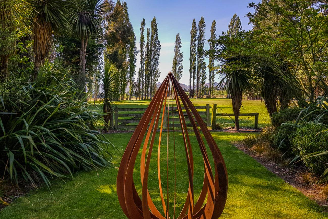 Garden sculpture at Flaxmere Farm in Canterbury