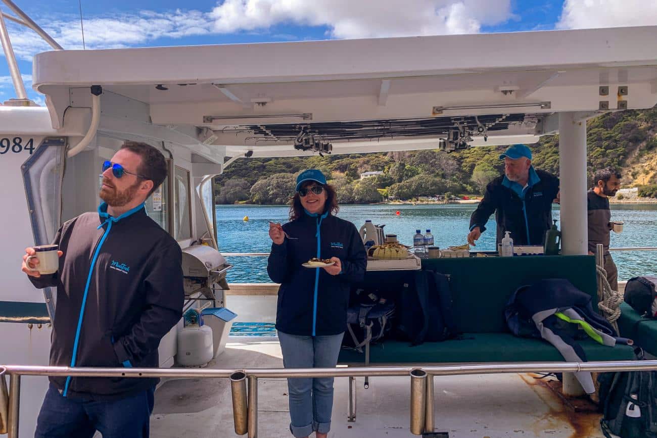 Charlie, Tracy & Tim enjoying morning tea at Port Fitzroy