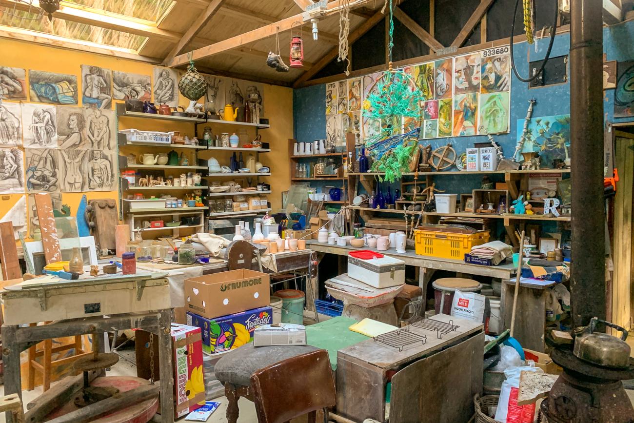 The colourful workroom at Shoal Bay Pottery on Great Barrier Island