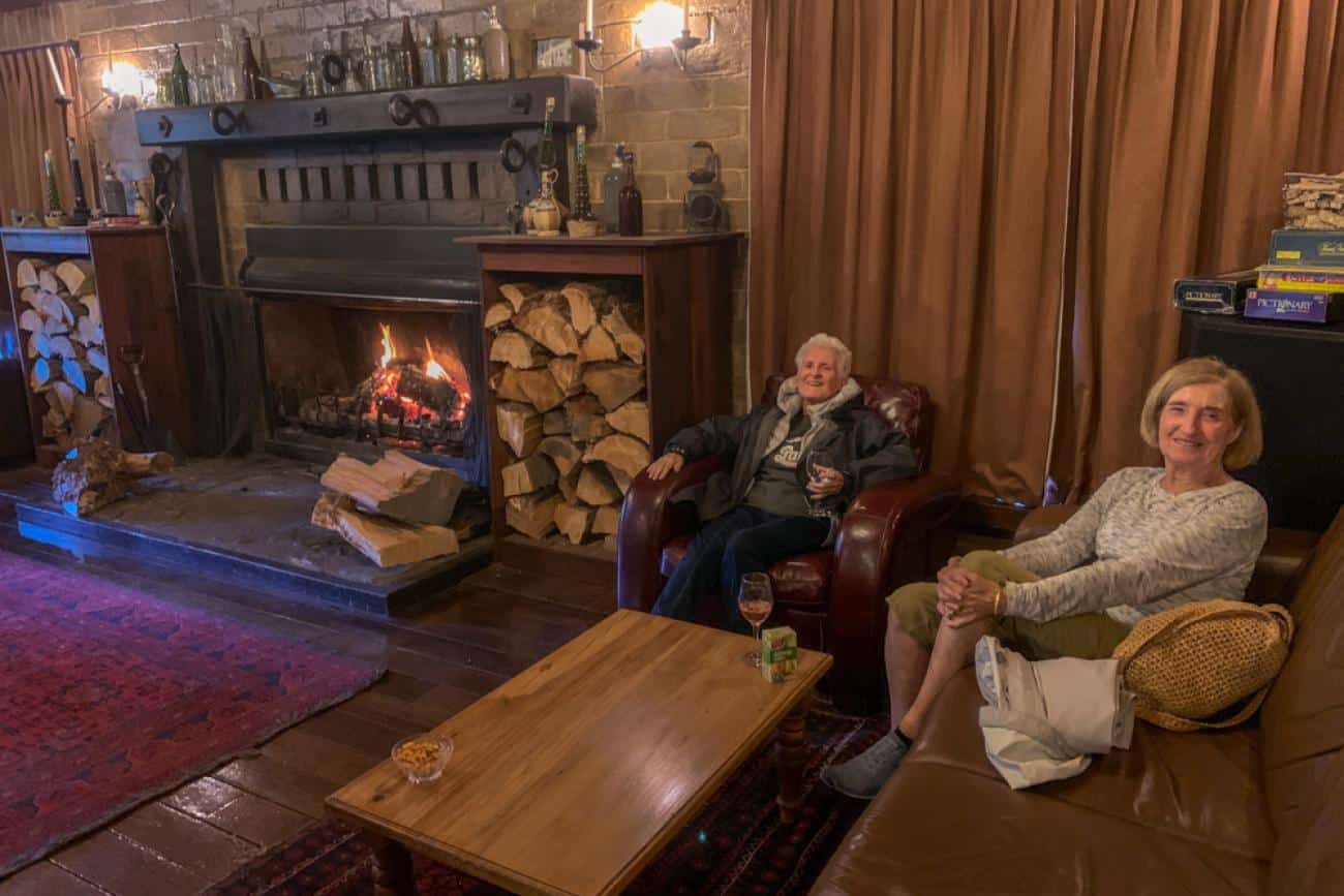 Enjoying a drink by the fire at the Danseys Pass Hotel