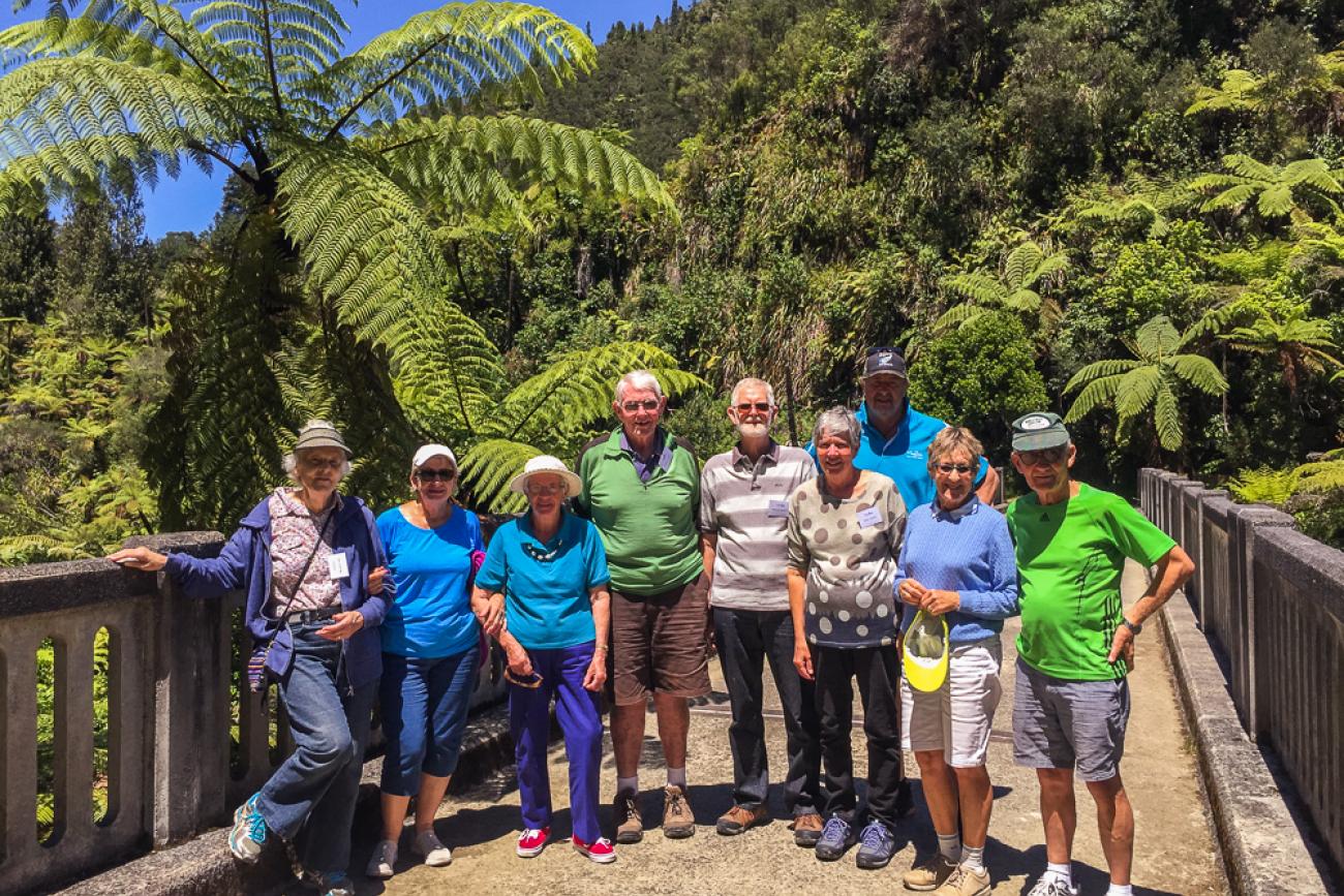 MoaTours guests and Kiwi Guide Nigel on the Bridge to Nowhere