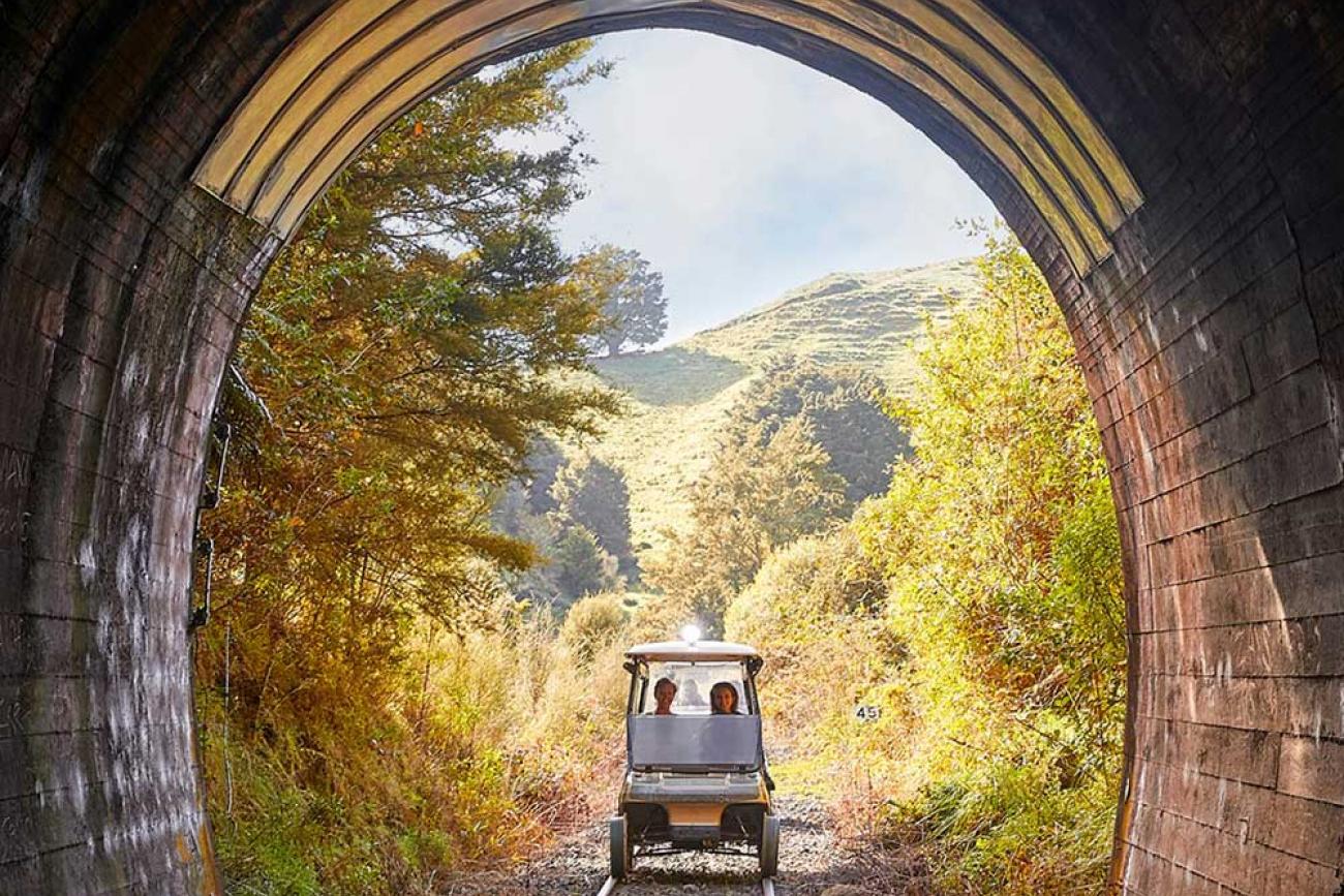 Travelling through a tunnel on the Forgotten World Railcarts