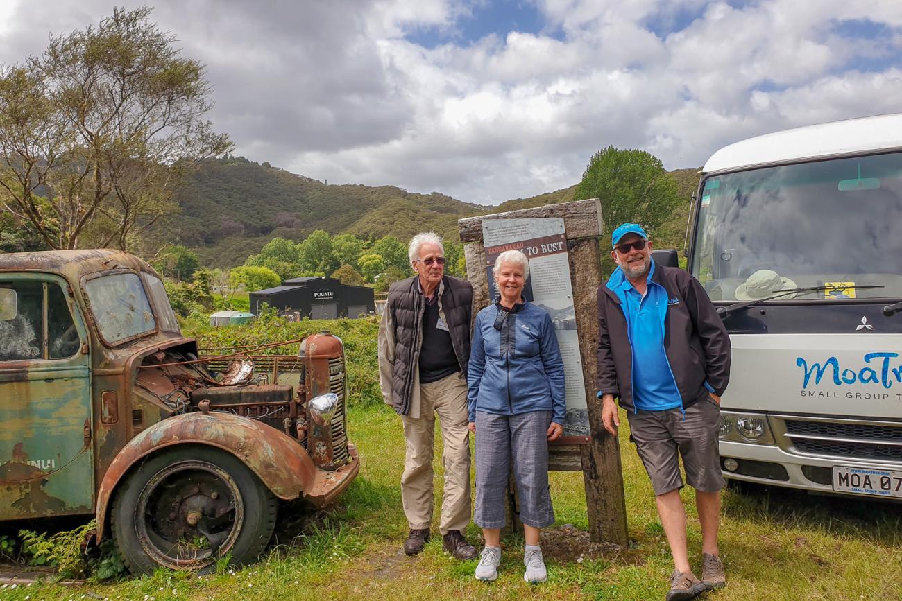 MoaTours guide and guests at Tangarakau