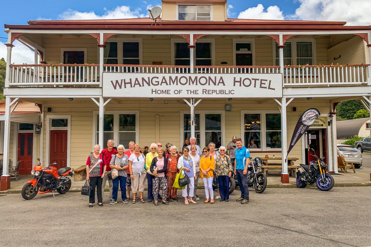 MoaTours group and guide at the Whangamomona Hotel