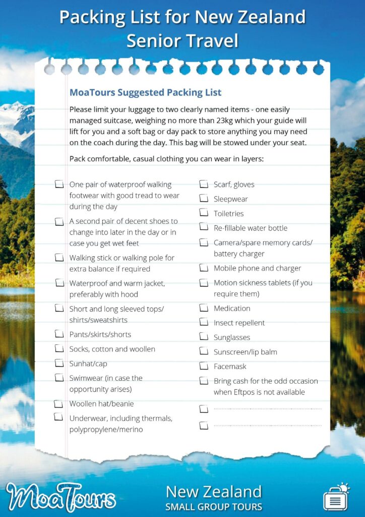 Packing list for New Zealand Senior Travel from MoaTours