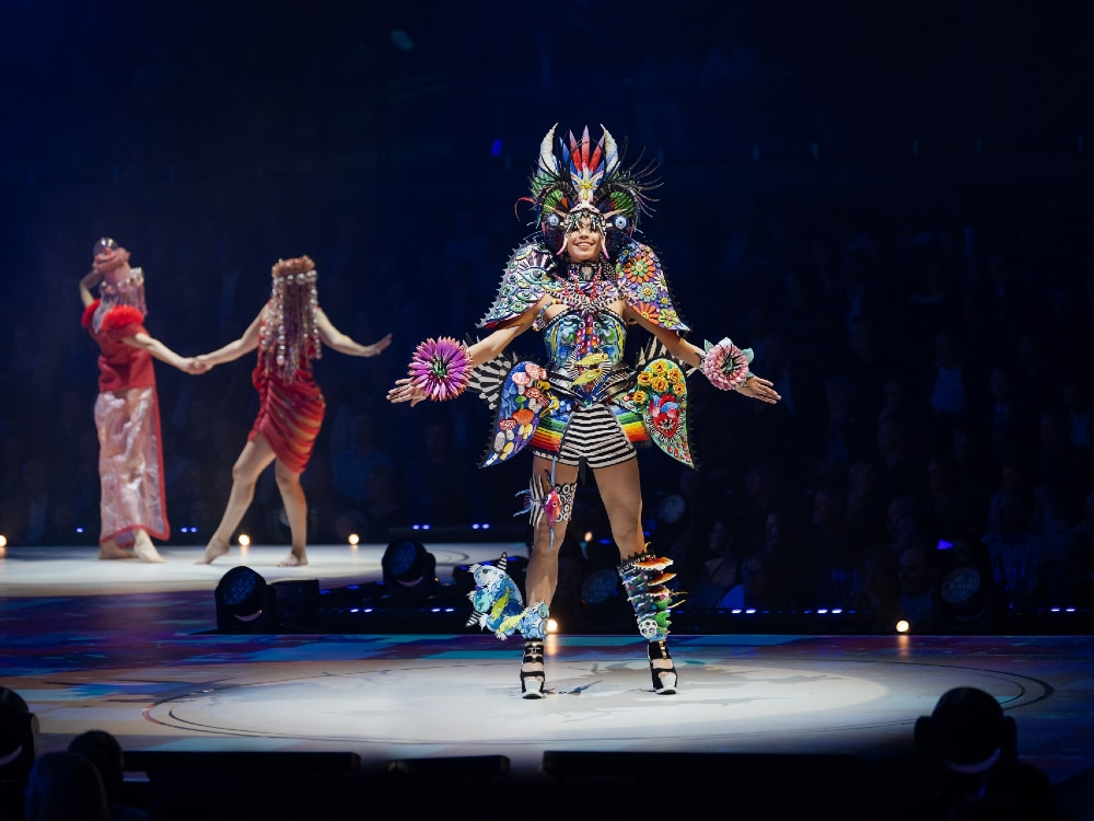 Model wearing Earthling costume onstage