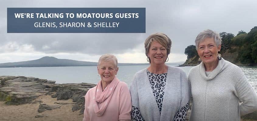 MoaTours Guests Glenis, Sharon and Shelley on the beach at St Heliers