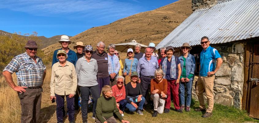 MoaTours group and guide at Sutherlands Hut in the South Island High Country