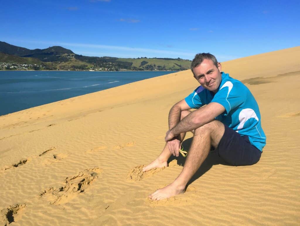 MoaTours guide Andrew Millson on the sand dunes in the Hokianga Harbour