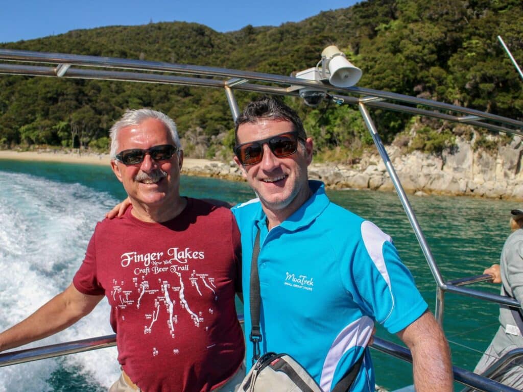 MoaTours Kiwi Guide Sean and guest in Abel Tasman National Park